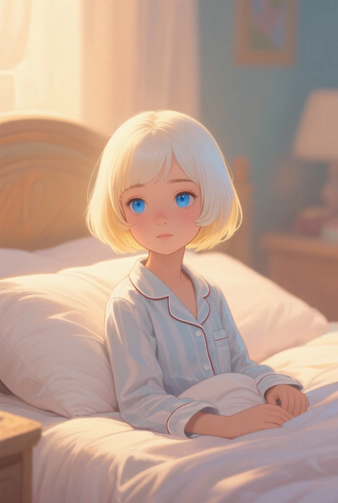 A young blonde girl just waking up from a nightmare In the morning , PICTURE REALISTIC