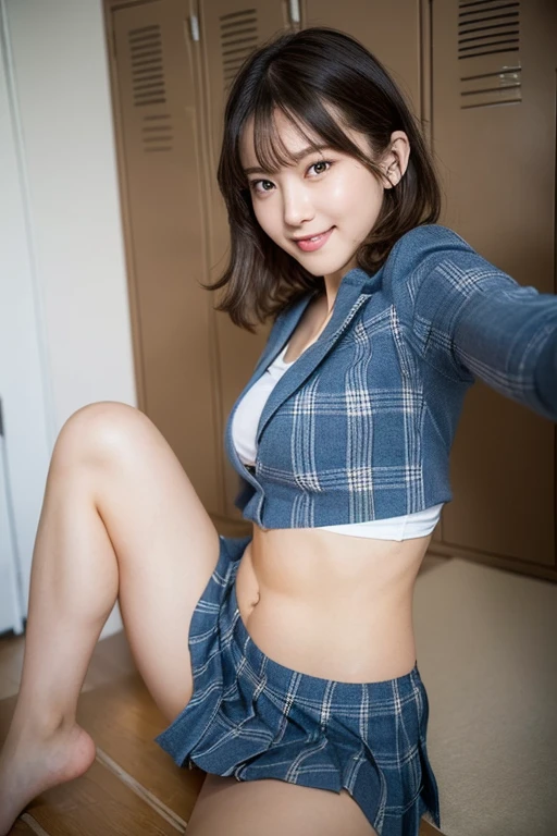 Pubic hair grows、Smile full of happiness、((Don't wear panties:1.3))、no-pantie、、Panting face、Lacking、After being attacked、school girl outfit(Plaid miniskirt)、a sailor suit、Sweating、Expression in a state of excitement、short-hair、eye glass、Almost completely naked、Jumping、(((chest open and fully visible:1.5)))