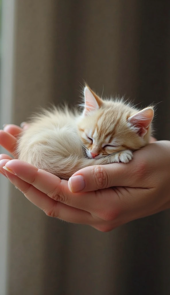 Cat sleep on human hand also caught hand caring gesture 