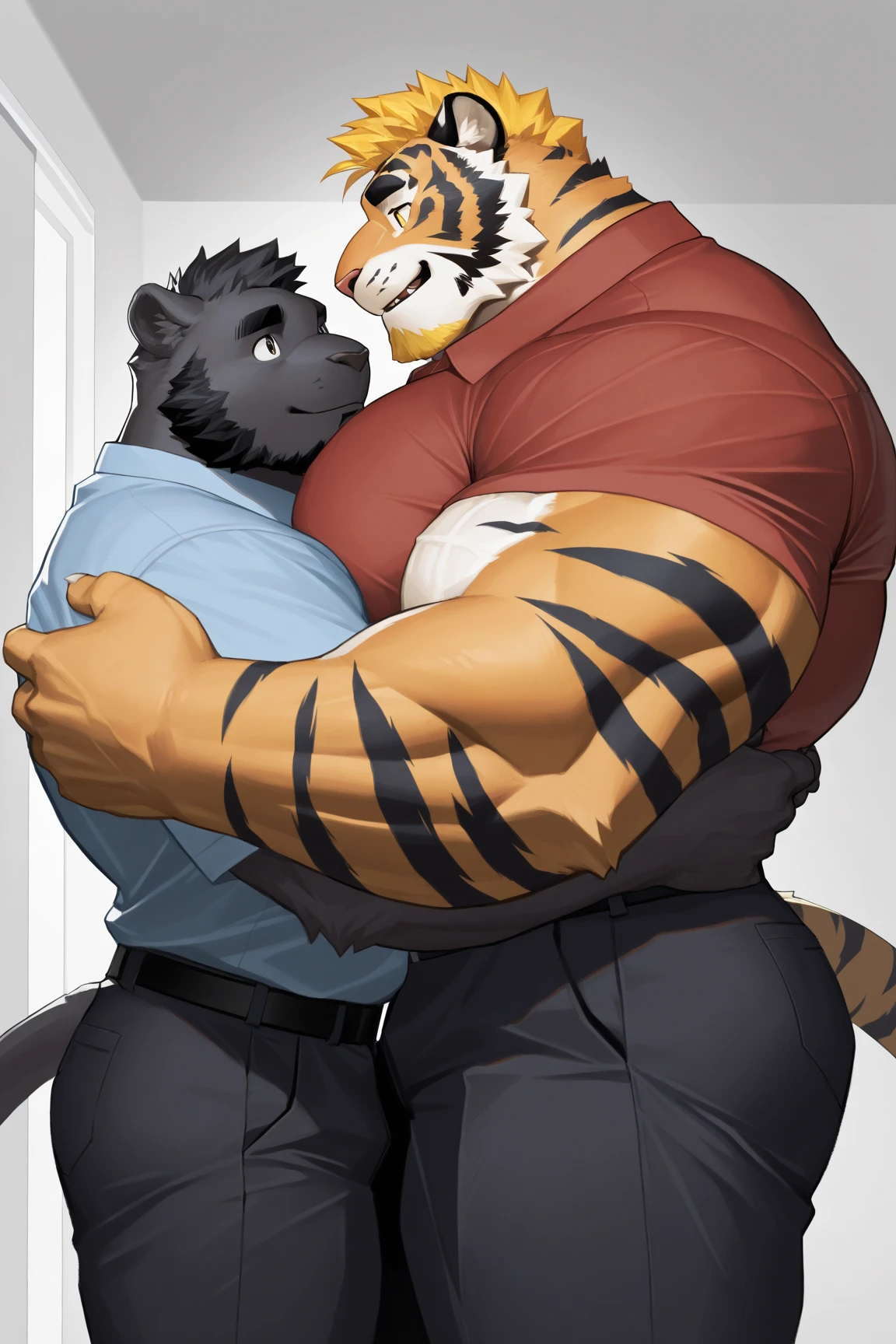kosutora, tiger and bear, kemono, bara, licking, duo, kissing, saliva, arm hug, portrait, full body, safe for work, sfw, big bulge, <3