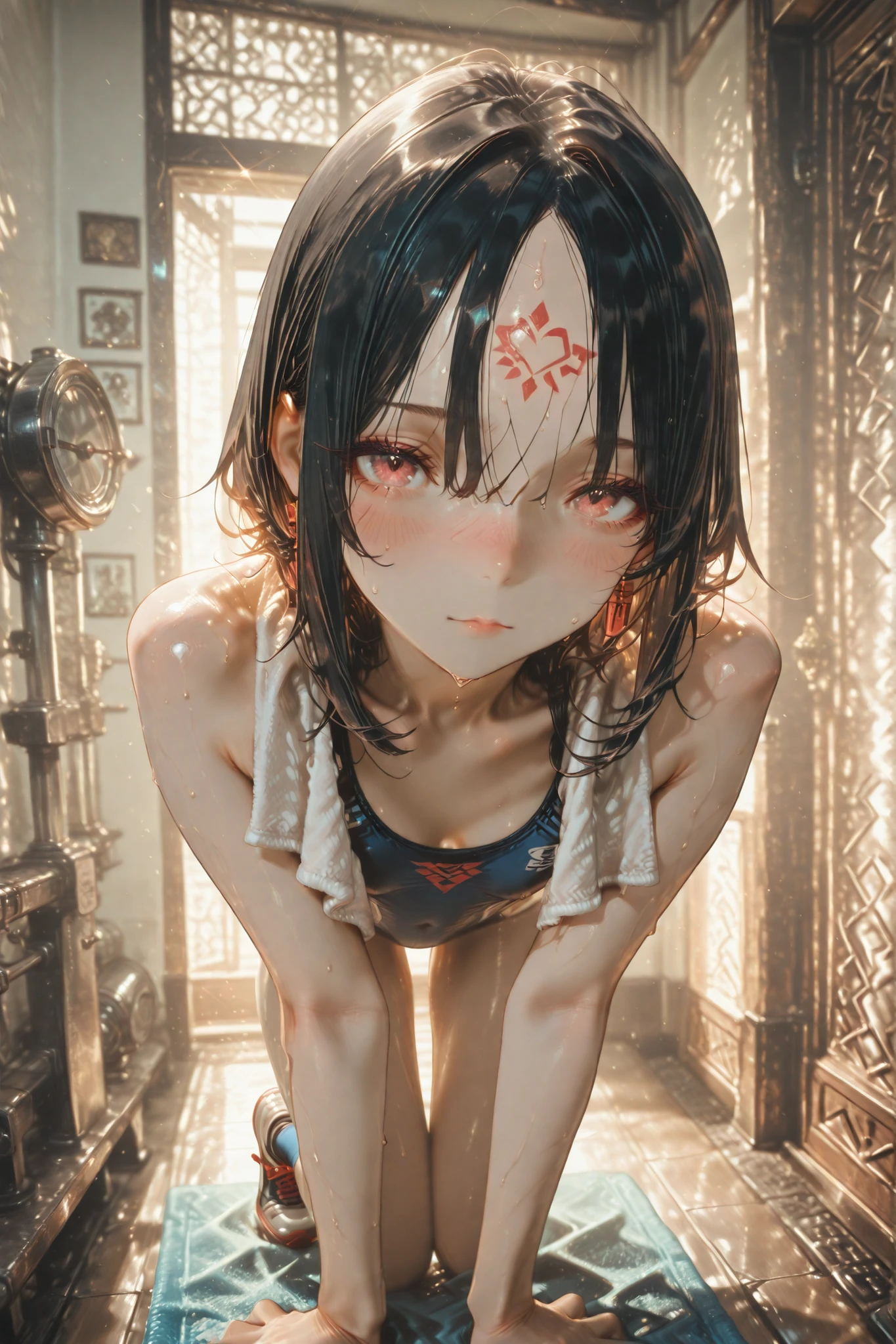 sportsする女の子、short black hair with waist、has bundled hair、lightly blushing、beautiful face above the castle gate、((slim figure))、sports、((Expression of effort: 1.1))、(expression of stress: 0.weating on the forehead、hanging a face towel on the shoulder、using a gym machine、((incline chest press))、training、(((trying hard but not moving)))、trainingルーム、watching the viewer、full body、panoramic、amazing background、 cinematic lighting 、masterpiece、Highest Quality、correct、high resolution、8K、Detailed Illustration