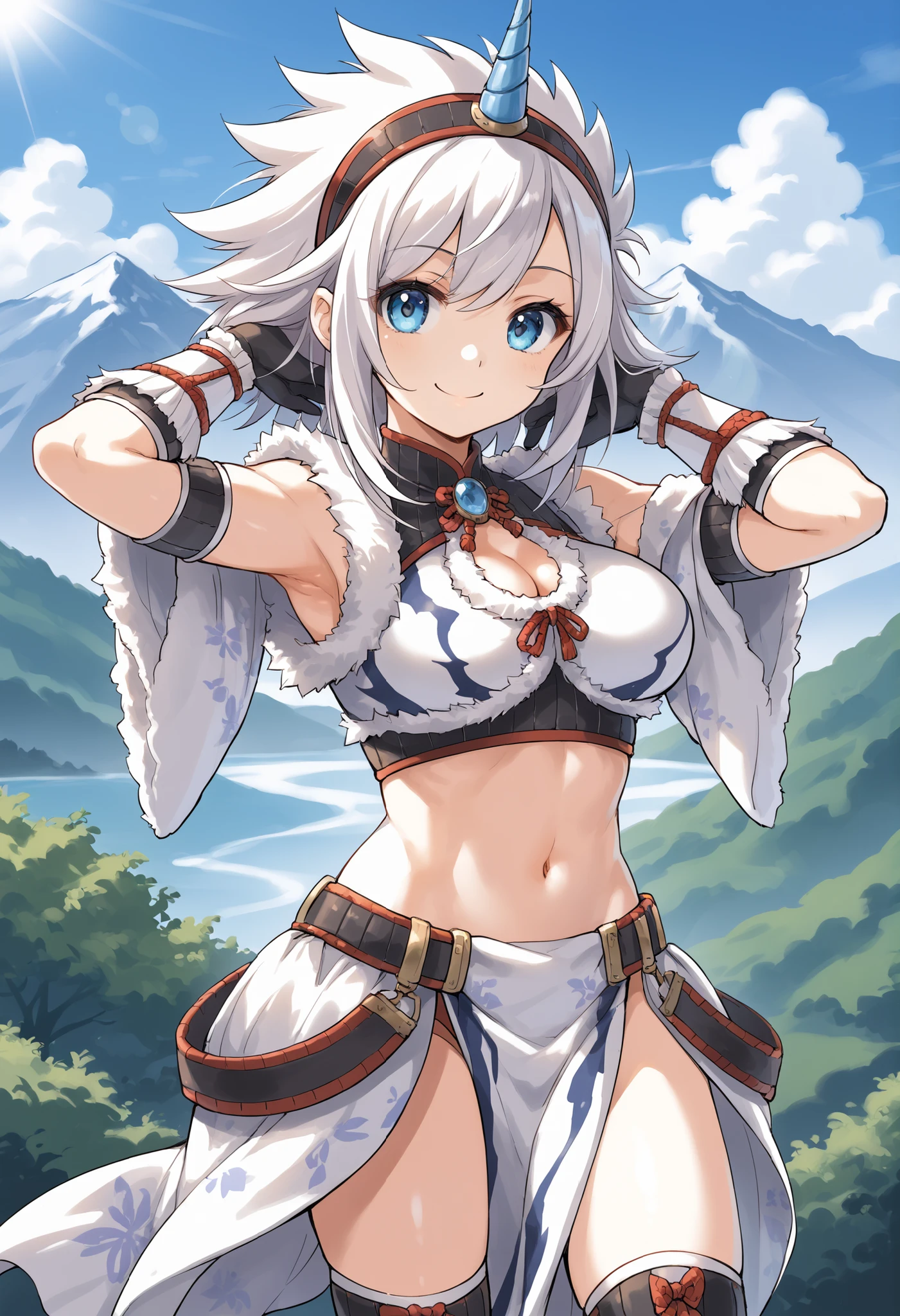 best quality, integrated scenery, integrated background, extremely delicate and beautiful, meticulous details, good composition, , cute face, perfect face,( score_9:0.9), score_8_up, score_7_up,rating_safe, anime style,(zPDXL), Armor , young_girl, Alone, single_purple_horn Hairband, Blue Eyes, , belly button,large_breasts, white loincloth, white kimono sleeve , smile, mountain background, monochrome, white bandeau, armpit,raise_arm,(abs:0.65),smile,spiky_bangs,sunlight,spikey_shaggy_hair,oil,knee-highs,large_breasts,
