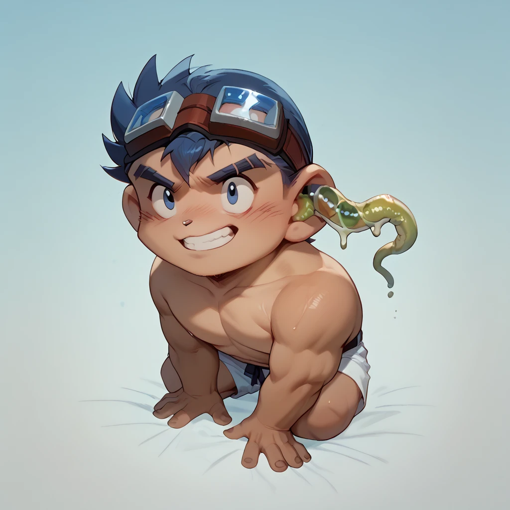 The Q version of the cute human, boy, male, standing, stretching arms, grinning, eyes shut, eyes closed, yawning, mouth open, cute, jungle, night, moonlight, naked, nude, full body, shortstack, small balls, small penis, flaccid,
