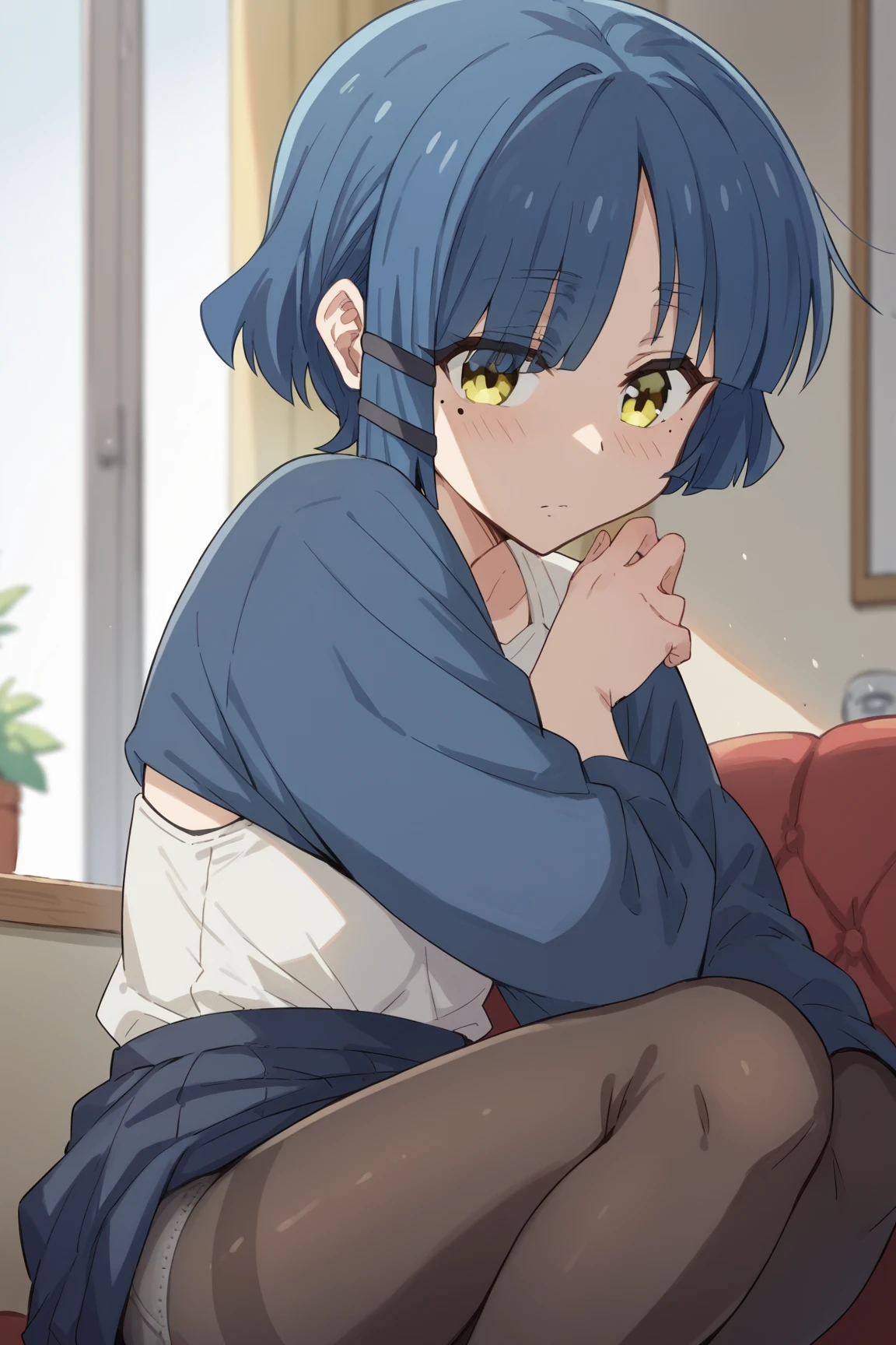 (masterpiece、top-quality、illustratio、Extremely high quality、high-level image quality、Extremely sensitive writing)Ryoyamada, Ryo Yamada, Blue hair, eyes visible through hair, Mole, Mole under the eyes, Short hair, (Yellow eyes:1.5), hair clips, BREAK black pantyhose, a black ribbon, Blue skirt, Brown Footwear, lowfers, Long sleeves, pantyhose, bow ribbon, School uniform, Shimokitazawa High School Uniform, Shirt, shoes, Skirt, White shirt,, BREAK looking at viewer, Break indoors, crass room, BREAK (masutepiece:1.2), Best Quality, High resolution, Unity 8k壁纸, (Illustration:0.8), (Beautiful detailed eyes:1.6), extra detailed face, Perfect Lighting, extremely details CG, (Perfect hands, Perfect Anatomy),barechested