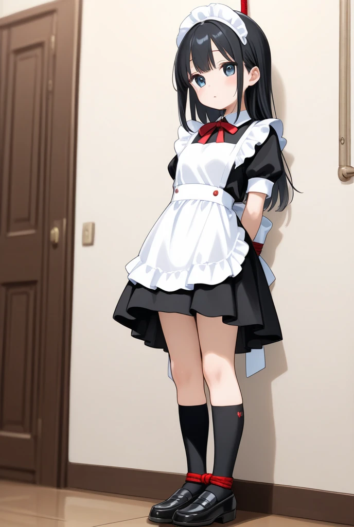 Young Girl,,Wearing a one-piece dress,Mini character,Red eyes,Black Hair,Long Hair,Dark atmosphere,Deformed character,Horns growing,Ahoge,