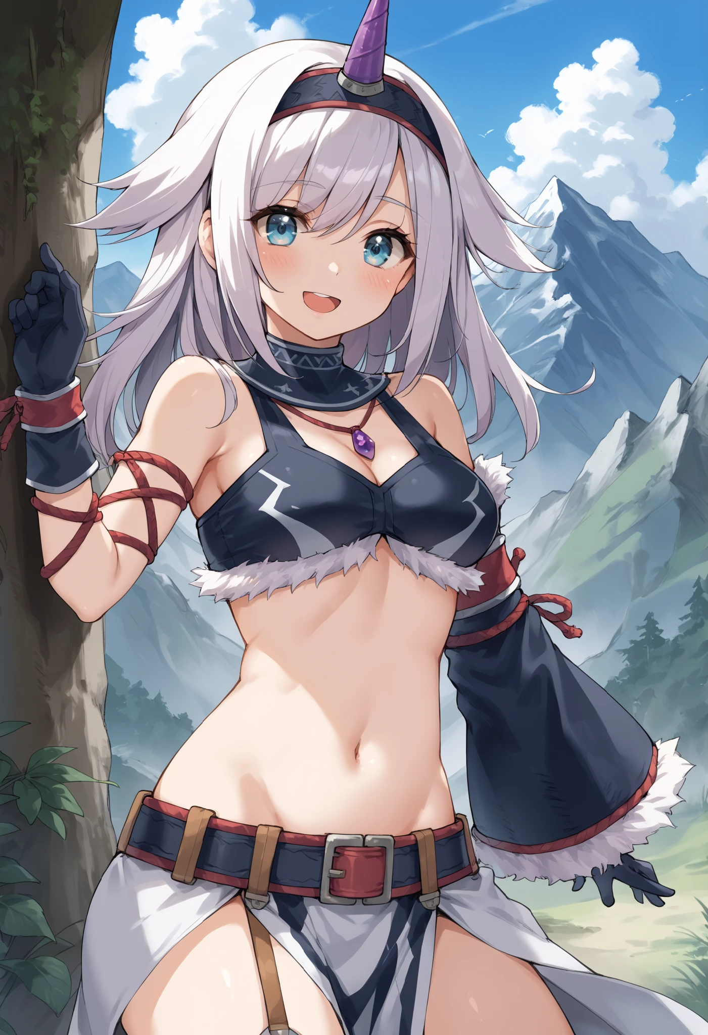 ( score_9:0.9), score_8_up, score_7_up,rating_explicit, anime style,(zPDXL), r armor, purple single horn headband, young_girl, Alone, long_gloves, black_knee_high , white_long_hair, shaggy_bang,Blue Eyes, under the arm, arms, medium_breasts , black_tubetop,mountain_background,wide_shawl, Detachable_long_Sleeves,(abs:0.6),white_fur_waste_armor,smile,(crotch_curtain),blush,light_open_mouth,smart_waste