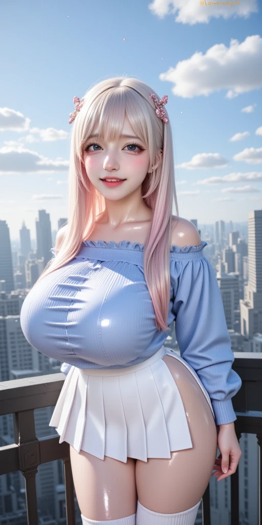 An Idol k-pop girl, (cute face:1), (???? face:1), braid hair, intricate face details, detailed face, golden ratio face, ((huge breasts:1)), ((large breasts:1)), ((giant breasts:1)), ((big breasts:1)), ((slim waist:1)), ((big butt:1)), ((big hip:1)), ((big thighs:1)), ((thick thighs:1)), ((intricate hands:1)), ((detailled hands:1)), ((intricate feets:1)), ((detailled feets:1)), (polished skin:1,9), (sweaty:1,9), (thicc:1), (??????:1), (perverted:1), (she is sexually aroused:1), (full body:1), (look at viewer:1), 64K, UHD, HDR, global illumination, (high quality, high detailed, hyper detailed, extremely detailed), photo realistic, ultra realistic, art photo, (clarify the details, detailed parts body), intricate artwork masterpiece, trending on artstation, massive mommy milkers, (????? face:1), (dark pink eyes:1,9), (light pink hair:1,9), standing, posing, lobby, door, light blue shirt, dark blue skirt, (glasses:1,9), right hand placed on chest