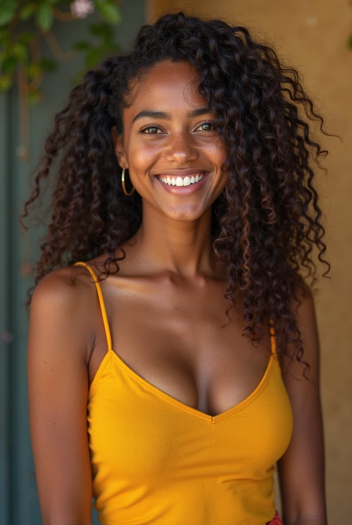 A Brazilian woman, Brunetette, short girl with curly hair, but she straightened that hair, big boobies, smiling, big eyes and big nose, has an infinity symbol tattoo on his left wrist. She is wearing a yellow shirt and in the background she is in a hot, sandy place. 