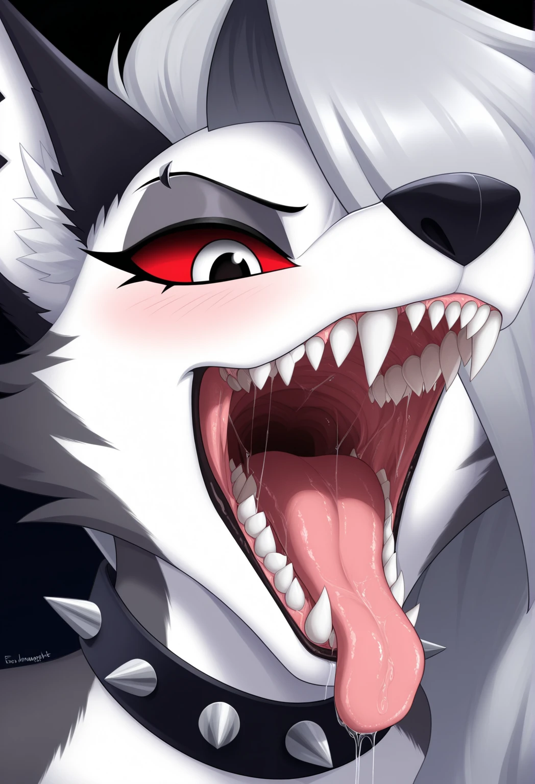 Solo, score_9,score_8_up,score_7_up, source_cartoon, kemono style, (Anthro furry hellhound, loona from helluva boss, furry body white eyes, red sclera, sad eyes, tongue out, steam coming from her mouth), naked:-.3, bare arms, bare legs,  collar, simple background, squatting, mouth open, masturbating, panting, drooling, from above, 