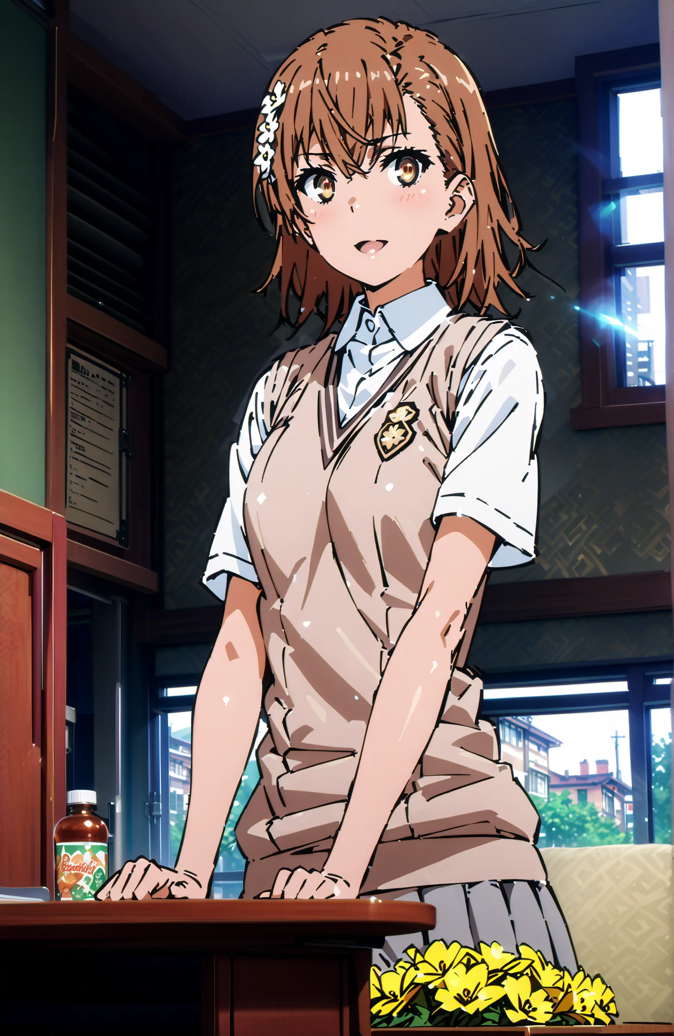 Misaka Mikoto , short hair, brown hair, hair ornament that grabs Narmaya's chest, hair flower, brown eyes in the bedroom,smile,blush,open your mouth,
skirt for ears, shirt, uniform, white shirt, Short Sleeves, pleated skirt for ears, grey skirt for ears, sweater vest, tokiwadai uniform,I'm holding a yellow bouquet with both arms,, Flower blowing snow,curtains,window, Beautiful Streetscapes,standing,in their 40s indoors, Classroom,
in their 40s looking at viewer,full body,
in their 40s (masterpiece:1.2), Highest Quality, high resolution, Unity 8k 壁紙, (Illustrations:0.8), (beautiful detailed eyes:1.6), very detailed face, perfect lighting on the table, extremely detailed CG, (perfect hand, perfect anatomy),