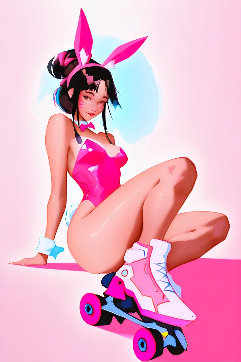 ( lilica felchenerow (arcana heart) cosplay), (skates, gold sleeveless parka, purple tube top, purple spandex shorts, purple collar, bat wings), ((masterpiece,best quality, hyper-hdr, very darkskin, 8k uhd, hyper-detailed)), connie maheswaran, long hair, black hair, pink blade, fangs, full shot, smile, big breast, age 25, sensual pin-up, flirty cleavage tease