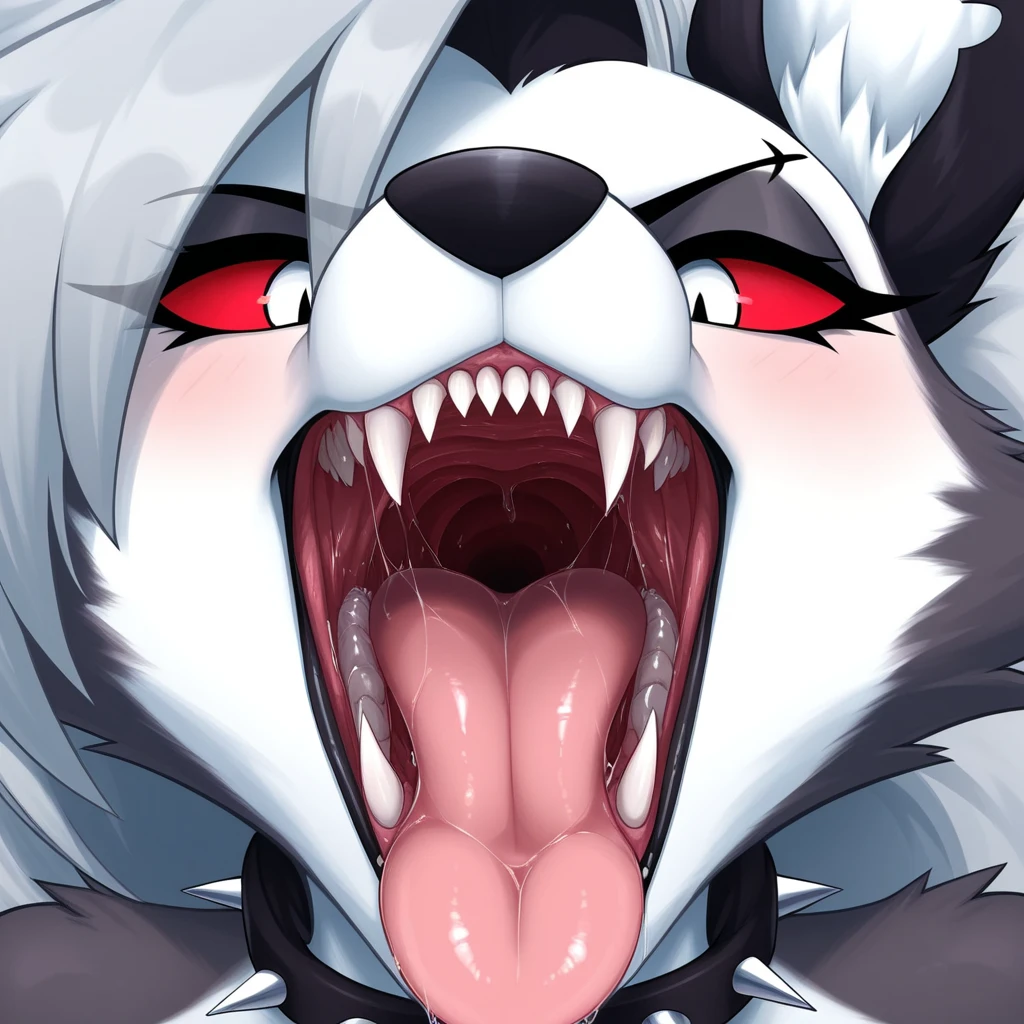 Duo, score_9,score_8_up,score_7_up, source_cartoon, kemono style, anthro furry hellhound, loona from helluva boss, furry body white eyes, red sclera, furry body, sad eyes, tongue out, steam coming from her mouth, naked, she is very sweaty, she is lying on her back, pov, pov titfuck, viewer is grabbing her tits, cumming on her face, eyes half closed, tongue out, on a bed