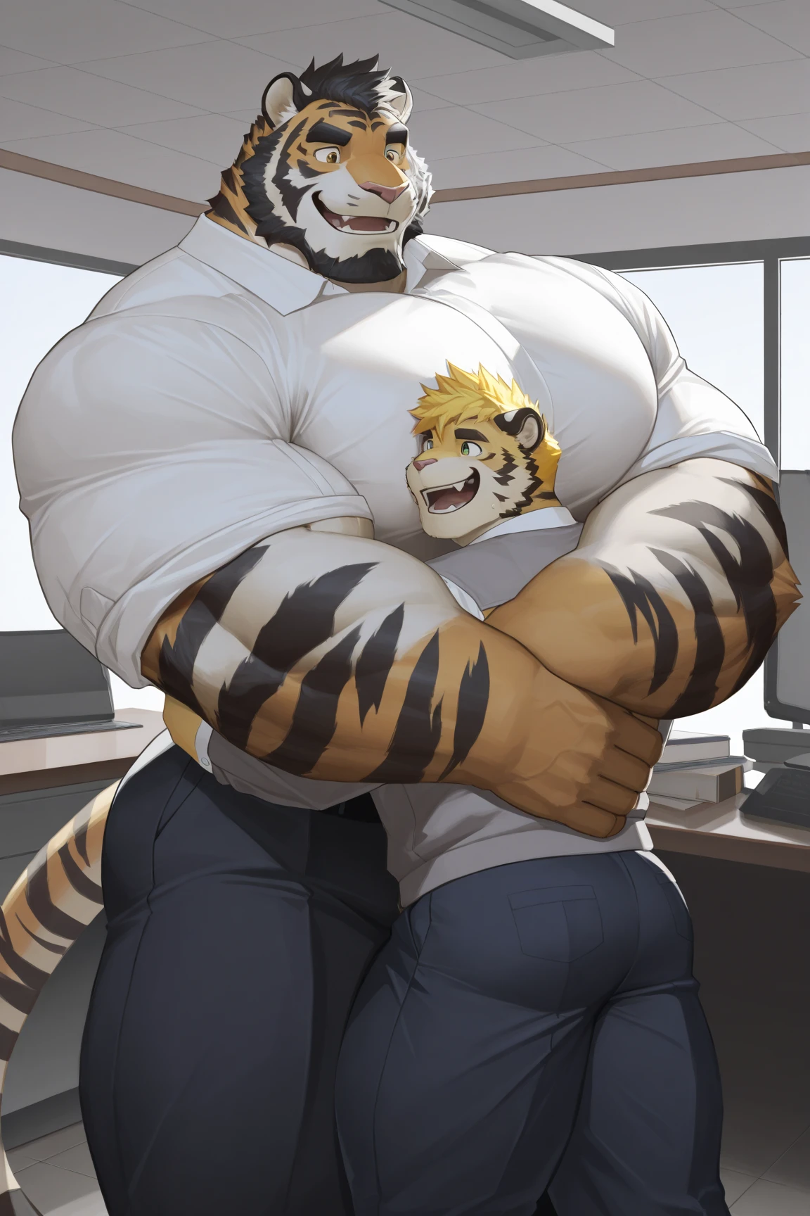 Anthro tiger or wolf or husky, chest hair, large, not muscular, overweight, chubby, fat, big belly, belly, bloated belly, bulging belly, (((vore))), digesting, bara, adult, aroused. Wearing green tight business suit, ((hyper big thick penis)), huge testicles (duo)
