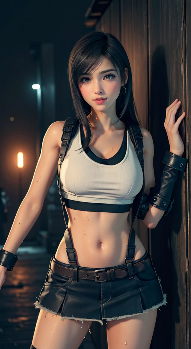 a close up of a woman in a white top and black pants, seductive tifa lockhart portrait, tifa lockhart, (highly detailed face:1.4) (smile:0.7) (background inside dark, moody, private study:1.3) POV, by lee jeffries, nikon d850, film stock photograph ,4 kodak portra 400 ,camera f1.6 lens ,rich colors ,hyper realistic ,lifelike texture, dramatic lighting , cinestill 800