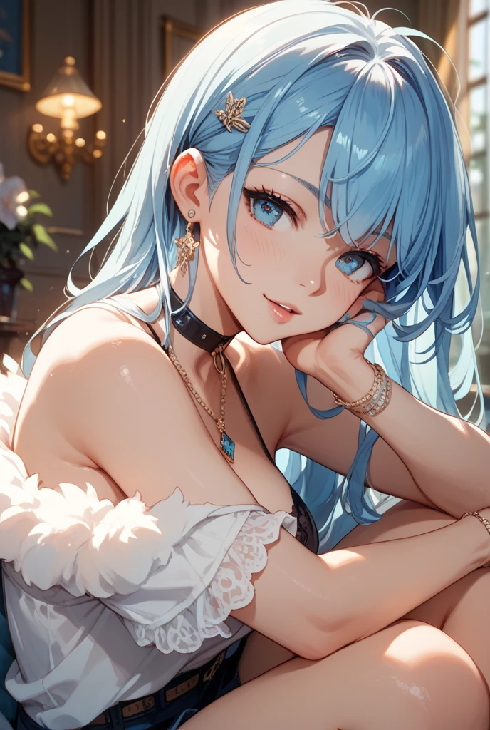 (masterpiece: 1.2, Highest quality), (Actual Photos, Intricate details), 1. woman, alone, Upper Body, casual, Shoulder-length hair, Minimal makeup, Natural materials, Face close-up, smile, Home, (Light blue hair).blue eyes, Shoulder Bare、Smiling with teeth showing、(In the gap between my breasts).((Kiss with your eyes closed)).