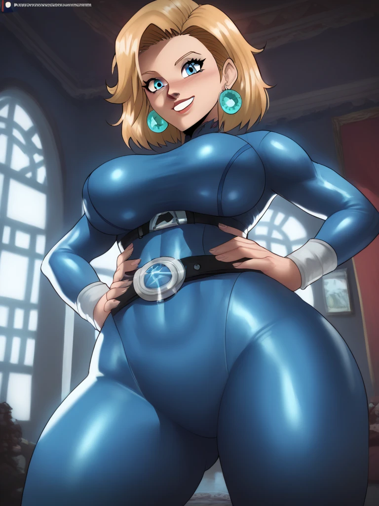 1female; Powergirl [from DC Comics] tall human female, short blonde hair, ( long-sleeve leotard, colored silver, with cleavage window), accessories belt locked, tickle belt [from Spongebob Squarepants] blue gloves and thigh-high boots, curvaceous figure, voluptuous; on bar, stand, [back view], 2d anime art style, Perfect World- Bloodsuga model, high quality, (chubby)