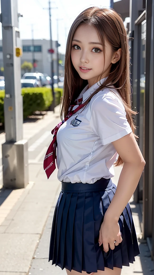 nsfw, (1girl in), (Solo:1.5), Official art, Raw photo, Photorealistic, unbelievable Ridiculous,masutepiece, Best Quality, 8K, hight resolution, extremely detailed girl, extremely detailed beautiful face, Beautiful skin, Ideal ratio body proportions, cowboy shot, looking at viewer, 17 years old, high school student, Japanese, large breasts, brown hair, long hair, naughty face, (smile), (gyaru), school uniform, ocher blazer, pleated miniskirt, (white collared shirt), red tie, (skirt lift:1.3), (shiny white panties:1.5), shirt is transparent and you can see the bra, outdoors, city, chromatic abberation, Sharp Focus, face lights,