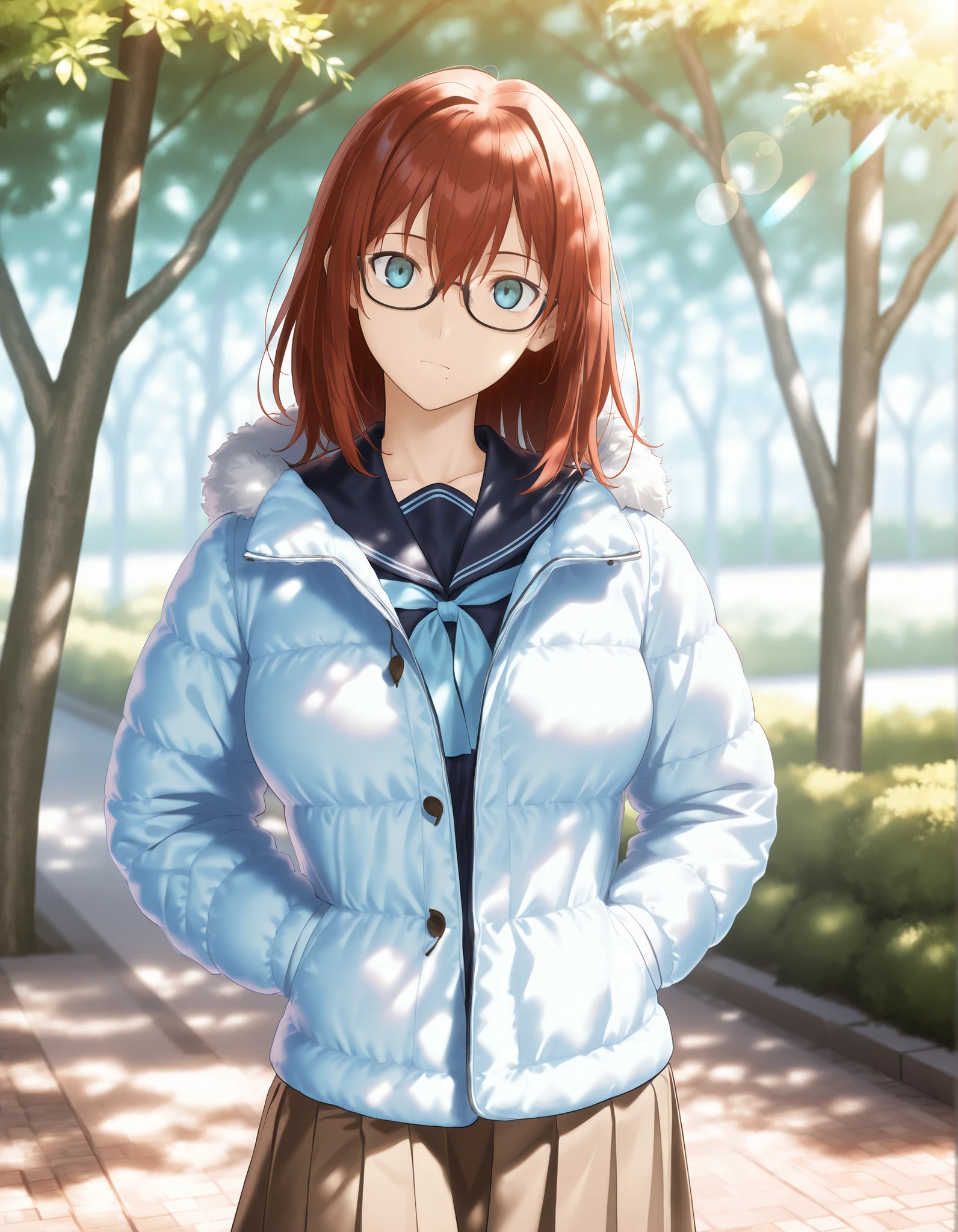 masterpiece, , absurdres, highres, detailed background, high resolution, masterpiece, necessary, detail, best quality, quality, necessary, details, High details, Precise, outdoors, (dappled sunlight), day, lens flare, blurry background, (from above), solo, ,
1girl, , (type-moon,) style, koyama hirokazu style, ,, shiny skin, mole under mouth, thinking, (head tilt),
tall girl, mature, slim body, slender body, brown red hair, medium hair, light blue eyes, black frame glasses, , hair between eyes, dark blue sailor, ((Down jacket, in blue seifuku)), , pleated skirt, brown skirt, , cowboy shot , ,,, looking at viewer,, medium breasts, (aged up:1.5), ,