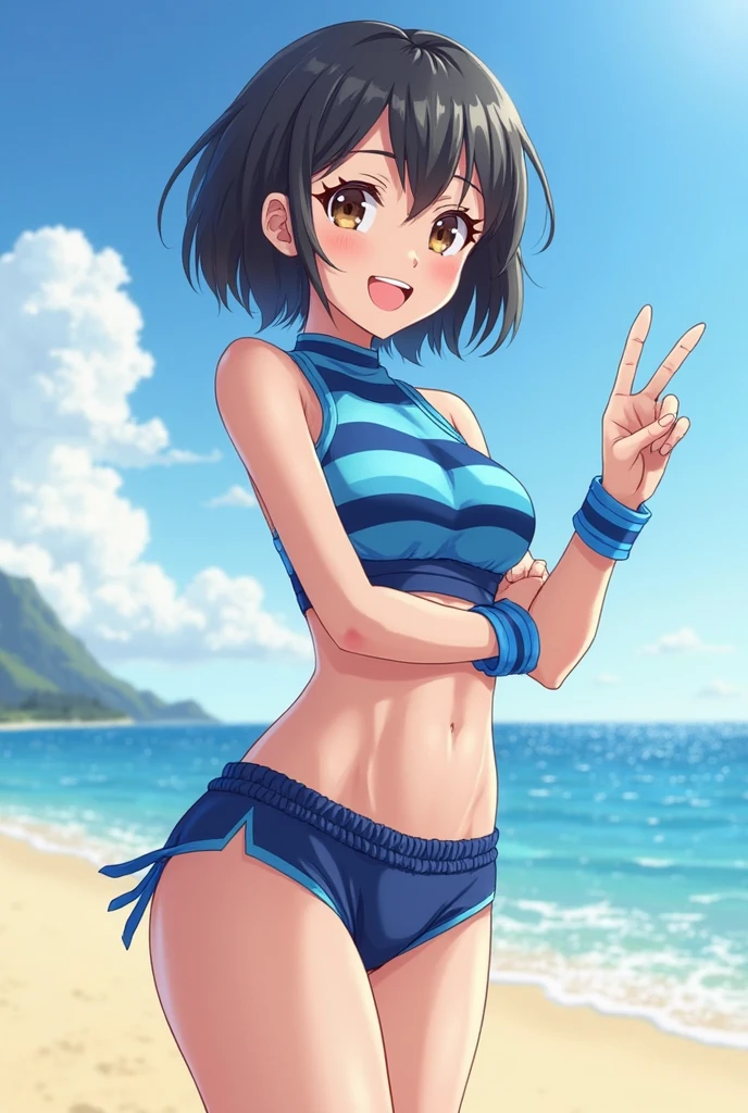 1girl, Maypokemon, blue bandana, brown hair, short hair, blue eyes, posing in a blue bikini with her arms up, breasts, cleavage, thighs, beach, 