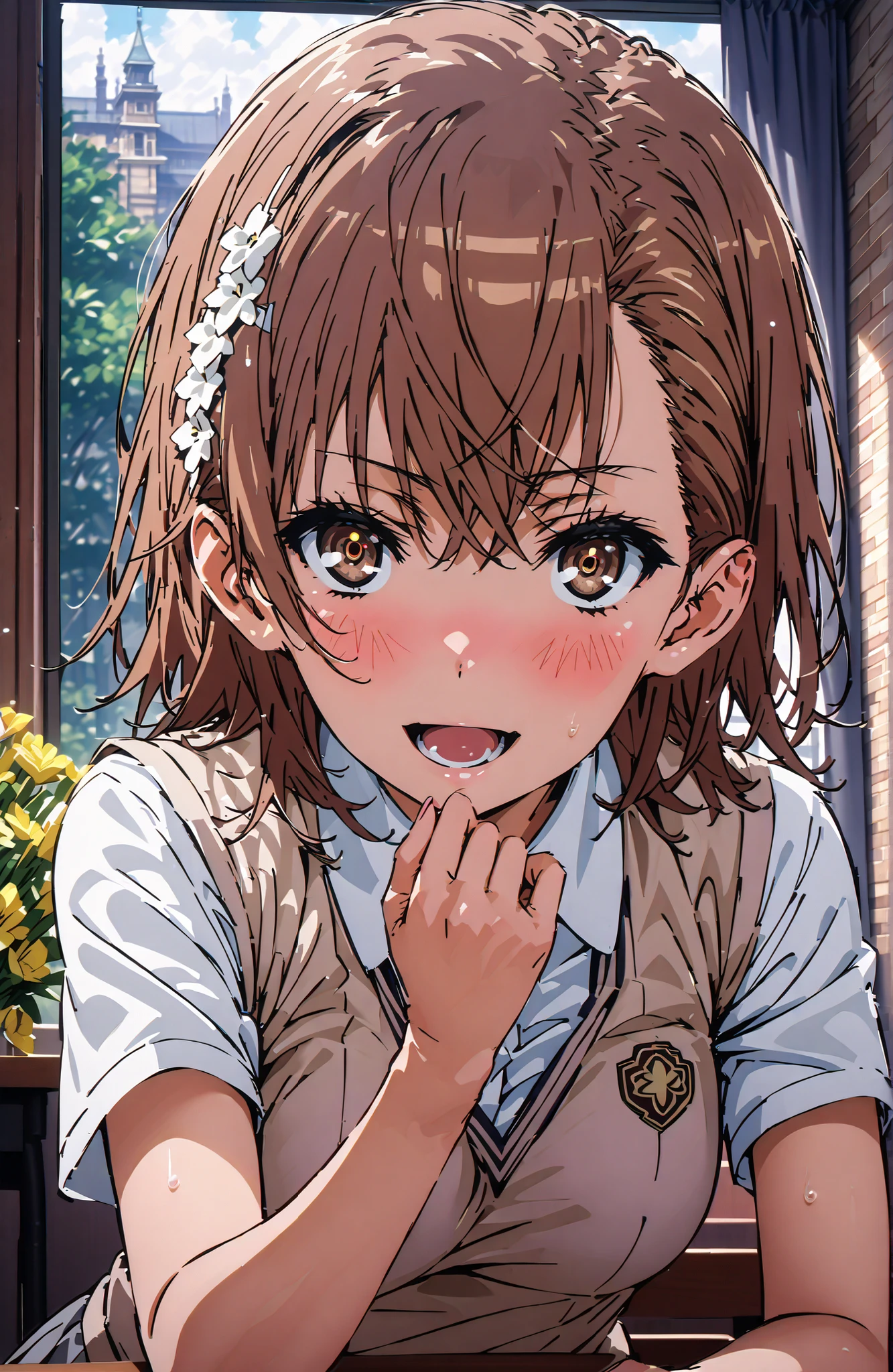 Misaka Mikoto , short hair, brown hair, hair ornament that grabs Narmaya's chest, hair flower, brown eyes in the bedroom,smile,blush,open your mouth,
skirt for ears, shirt, uniform, white shirt, Short Sleeves, pleated skirt for ears, grey skirt for ears, sweater vest, tokiwadai uniform,I'm holding a yellow bouquet with both arms,, Flower blowing snow,curtains,window, Beautiful Streetscapes,standing,in their 40s indoors, Classroom,
in their 40s looking at viewer,full body,
in their 40s (masterpiece:1.2), Highest Quality, high resolution, Unity 8k 壁紙, (Illustrations:0.8), (beautiful detailed eyes:1.6), very detailed face, perfect lighting on the table, extremely detailed CG, (perfect hand, perfect anatomy),