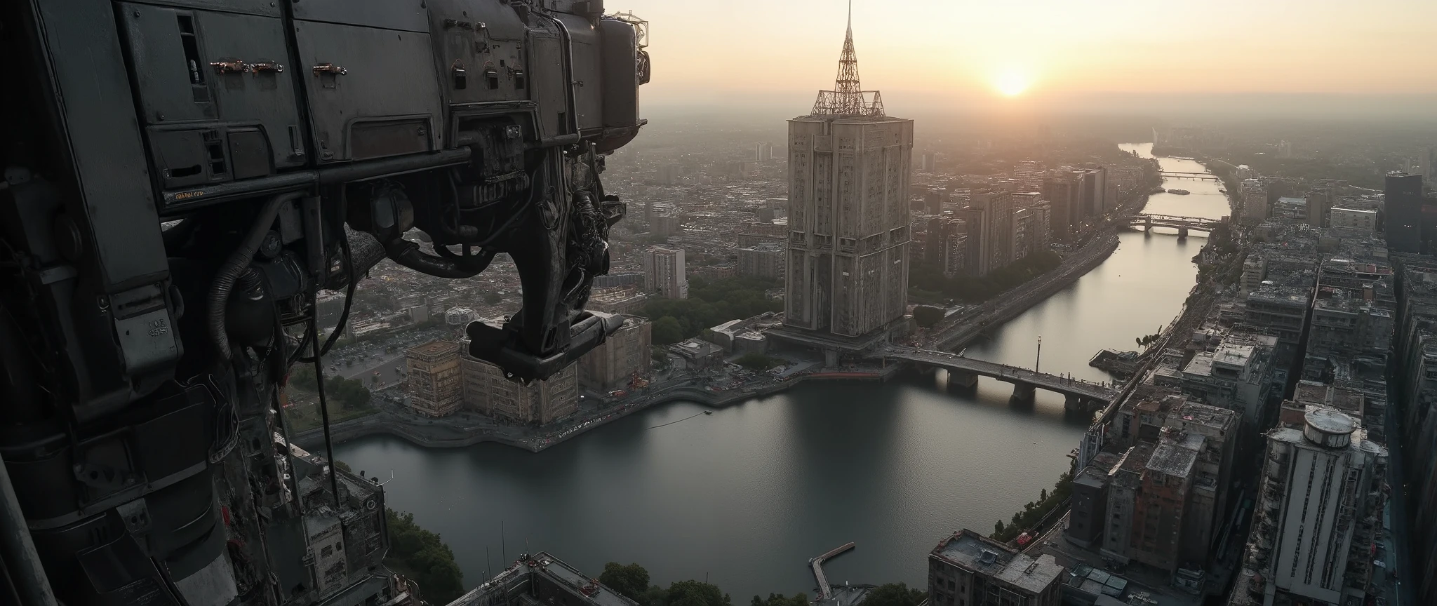 dark scifi antigravity floating dystopian brutalist city atmospheric view