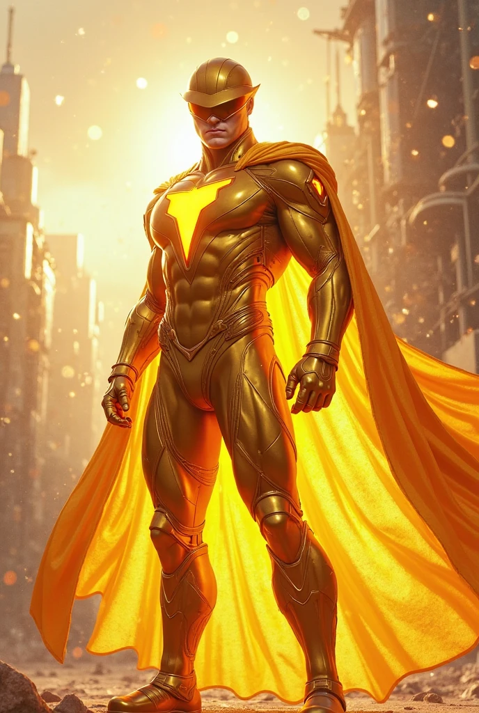 a man dressed in a superhero outfit, brown and yellow clothes, with brown cape and a meteor emblem on the chest