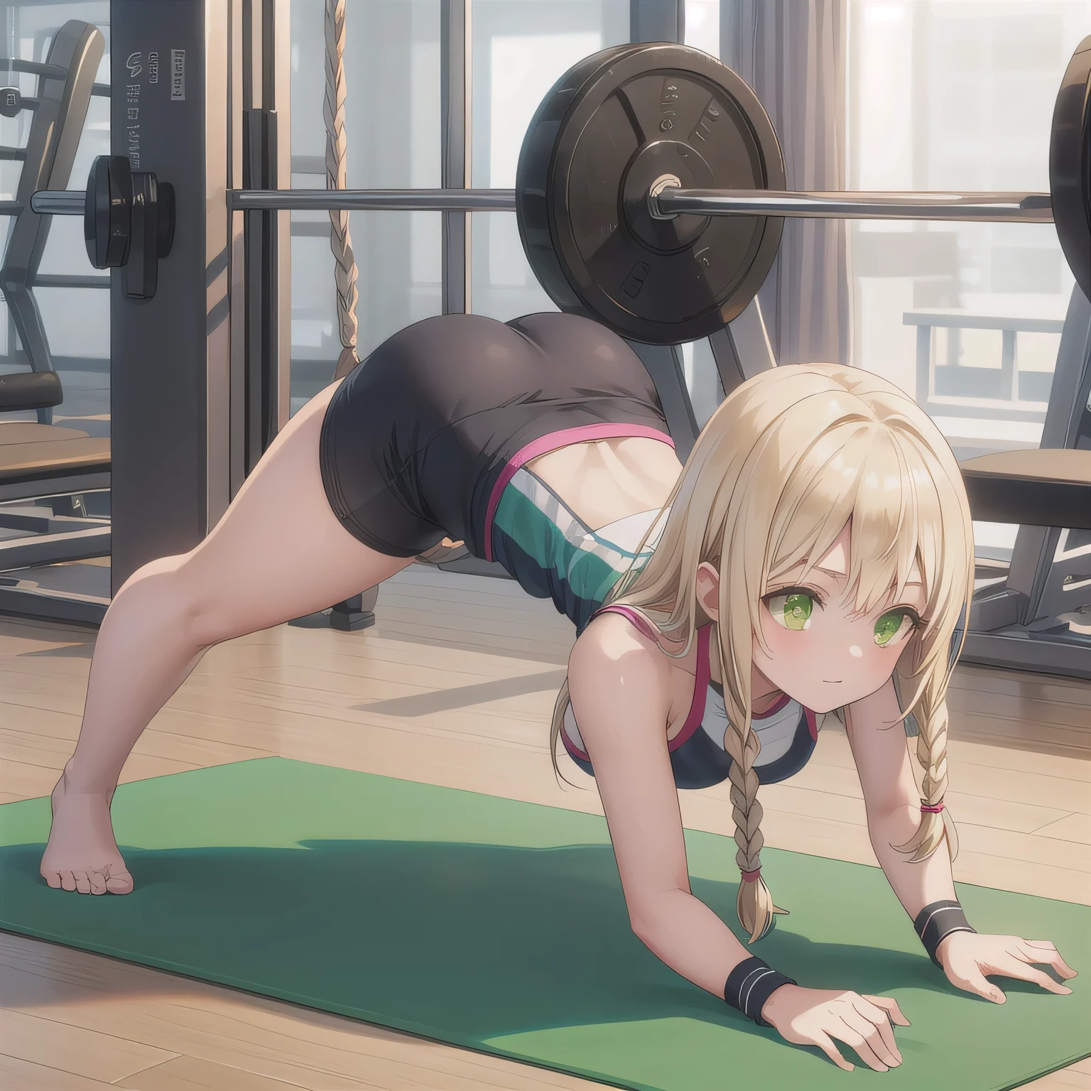 A person doing a plank exercise on a mat in a fitness gym, minimal equipment, bright interior. Long hair, blonde, (Green Eyes:1.3), braided.