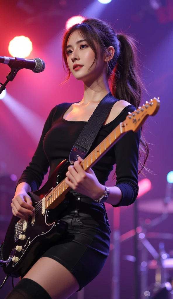 1womanl、(Super beautiful)、(beauitful face:1.5)、(playing drums:1.4)、(Black miniskirt:1.5)、with spreading legs、(Showing white panties:1.5)、make - up、light brown hair、a necklace、on stage at a concert、(At SFW:1.3)