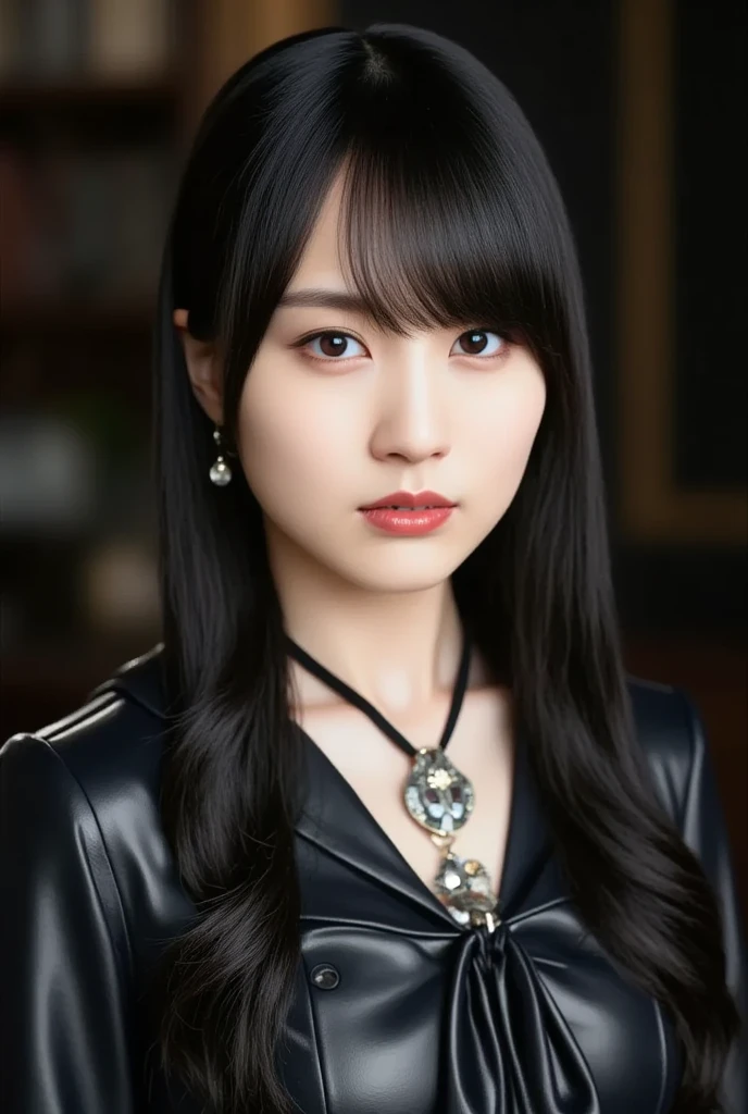 absurderes, masutepiece, Best Quality, nffsw, 1girl in, Mature Woman, (Sharp Focus), Villain's smile, medium breasts, (Hair on long black background), (grey  eyes), (Detailed eyes), Gothic lace costumes, Black and Red theme, Realism, Black_castle, Ultra-detailed, Vivid, Intricate details, Photorealistic