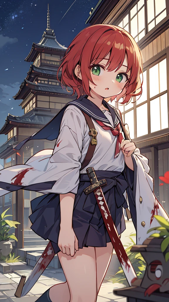 Woman with weapon coming out of body、kawaii、A magic circle appeared overhead and at your feet、Drawing an abandoned building against the background