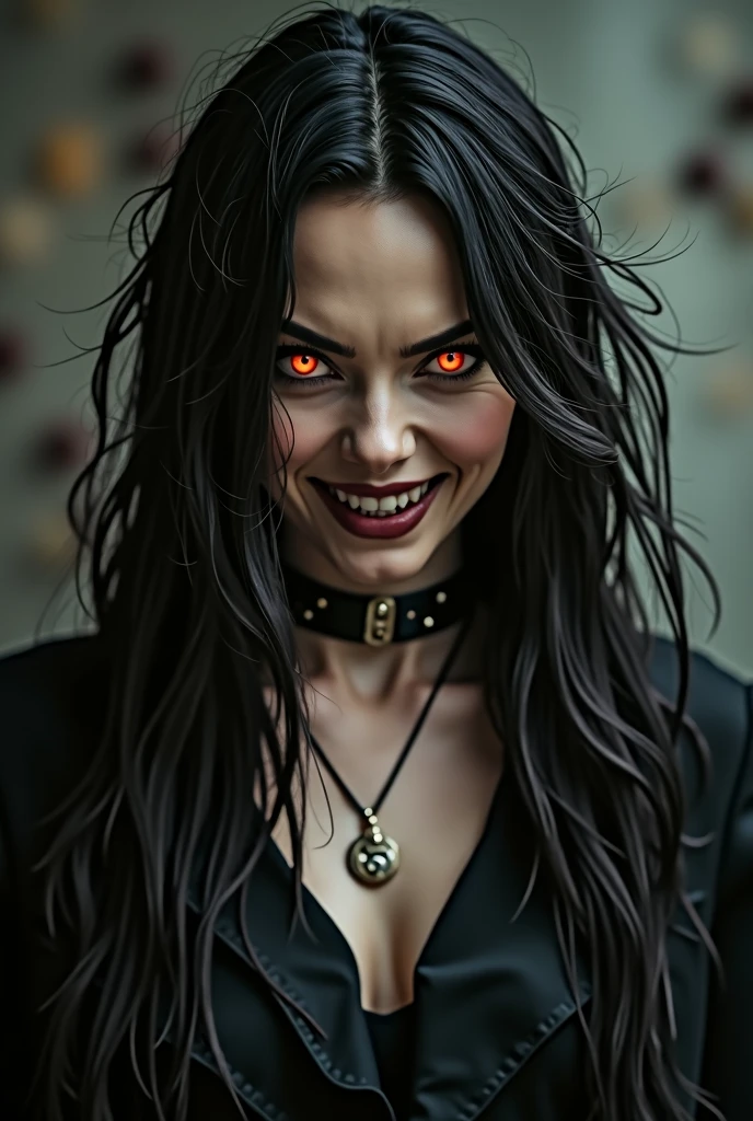 (masterpiece)+, (extremely (realistic)+,a portrait of an beautiful young female ghoul, Pale skin, Glowing eyes, Mouth rip open wide, razor Sharp teeth, wavy black hair. Predatory stare. Looking in camera. volumetrics dtx, Photorealistic, ultra detailed, Artstation trending, very very detailed, realistic shaded lighting, dynamic shadows, detailed Crypt background, upper body, professional photograph of a detailed skin, sharp focus, dramatic, award winning, cinematic lighting, octane render, unreal engine, volumetrics dtx, Photorealistic, ultra detailed, Artstation trending, very very detailed, hyperrealistic, fine details, realistic shaded lighting, dynamic shadows, Crypt background, add_detail:1, skin pores and wrinkles, details.,More Reasonable Details


