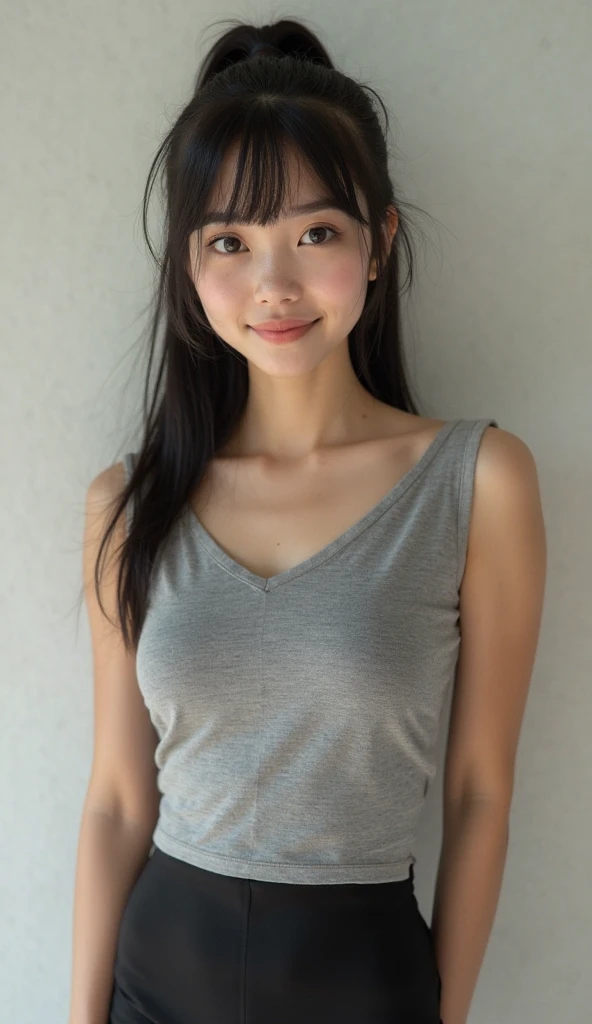 seductive smile, masterpiece, mieruko, miko yotsuya, wearing black tanktop, armpits, armpits visible, dark blue hair, yellow eyes, nipple hard, nipple slip