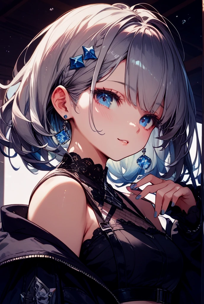 ((beautiful elegant girl)), blue big eyes, 1 petite and slender woman, slightly bigger breasts, ((Gray hair)),((black ribbon twin bun hair,)),In 8K, top quality, (highly detailed head: 1.0), (very detailed face: 1.0), (highly detailed hair: 1.0),((black idol style costume)、jewelry earrings, Detailed official artwork, clean detailed anime art,(gentle smile),