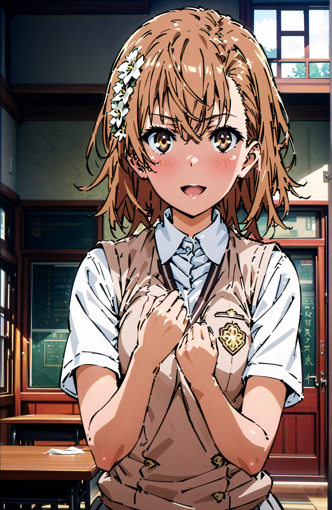 Misaka Mikoto , short hair, brown hair, hair ornament that grabs Narmaya's chest, hair flower, brown eyes in the bedroom,smile,blush,open your mouth,
skirt for ears, shirt, uniform, white shirt, Short Sleeves, pleated skirt for ears, grey skirt for ears, sweater vest, tokiwadai uniform,I'm holding a yellow bouquet with both arms,, Flower blowing snow,curtains,window, Beautiful Streetscapes,standing,in their 40s indoors, Classroom,
in their 40s looking at viewer,full body,
in their 40s (masterpiece:1.2), Highest Quality, high resolution, Unity 8k 壁紙, (Illustrations:0.8), (beautiful detailed eyes:1.6), very detailed face, perfect lighting on the table, extremely detailed CG, (perfect hand, perfect anatomy),