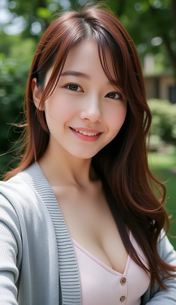 masutepiece, Best Quality, Photorealsitic, finely detail, hight resolution, 8K Wallpapers, Perfect dynamic composition, Beautiful detailed eyes, Medium Hair, large full breasts, Random and sexy poses,Bring your chest together、(Open chest mock neck tank top khaki knitwear with clearly visible cleavage)、(Breast bulge 1.2)、A smile、open open mouth、Resort scenery、25-years old、(Drooping eyes 1.4)、Adult beauty、japanes