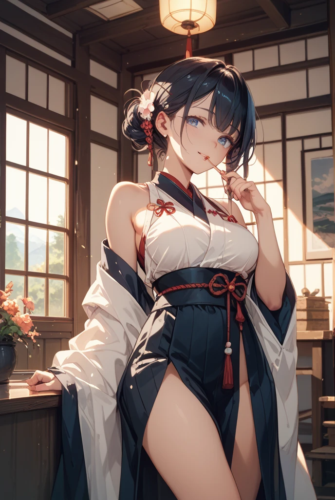 ((master part)), ((best quality)), (ultra-detalhado), ((kawaii)), fofo, (Lovely), ((sexy)), (Foi:1.3), ((extremamente detalhado)), 4k, (8k), best quality, (Beautiful), illustration, estilo anime, Pintura, Dynamic angle, cowboy shot, (de curinga:1.3), Japanese-style room in dramatic style, (Poses sexualmente desencadeantes extremas), gradation, foco de corpo inteiro, Menina fofa s, 1girl em, sozinho, Japanese miko costume, cabelos pretos, Cute random colored eyes, ((Olhos bonitos)), de pele branca, Hairstyle Random, Glutes, (Seios colossais), (Sorriso), sorriso, (corar:1.3), efeito espumante, Reflexo da lente, brilhante-cintilante, Brilhando,