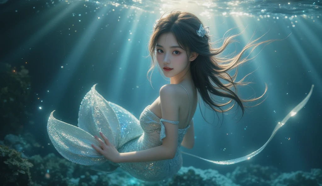 (Best Quality, Masterpiece: 1.4), (Realism: 1.2), (Absurdity: 1.2), 4K, Detailed, Ultra Detailed, Detailed Face, (Ultra Detailed Eyes: 1.2), Underwater, Beauty, One-piece Swimsuit, Bareback, Smile, High Split End, Long White Legs, Look Up at the Sky, Hair Floating, Long Black Hair, Cat Ears, Starfish Headdress, A Swarm of Jellyfish, Mermaid