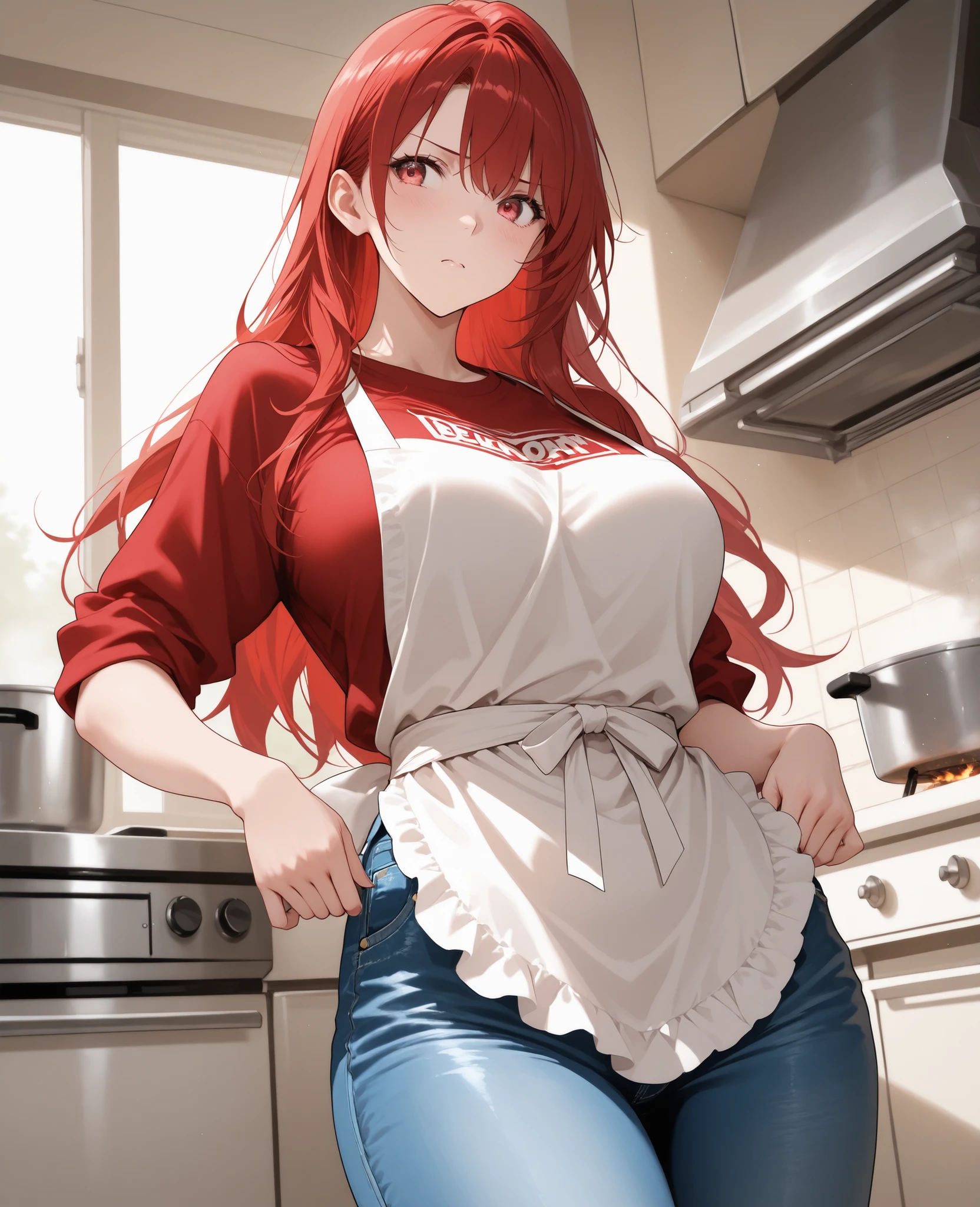 gran calidad ++ Extremely detailed high resolusionolution, very aesthetic, ojos expresivos, (((Cara perfecta))), (((face symmetrical))), ((good anatomy)), (((manos perfectas))), (((8k))), UHD, Fondo de pantalla HD, (((alta calidra detallada, (((((1girl)))))), solamente, Obra maestra, La mejor calidad, high resolusion, Altamente detallado, (illustration), hermosos ojos detallados, ((((full body))), ((((irisviel von einzbern)))), (((fusion))), (((agglutination))), Combination, (((hembra madura))), (((Girl with characteristics of Shirou Emiya and irisviel von einzbern))), (((hombros estrechos))), (((cintura estrecha))), (((Red hair:1.5))), Cabello largo, ((((brown eyes1.5))), (((red shirt))), (((dress shirt))), (((((smile))))), (((enorme))), (((home))), (((kitchen))), (((preparing food))), (((gigantic breasts))), (((mature female))), Obra maestra, mejor calidad, ((Obra maestra)), ((mejor calidra descarrilado)), Parte superior del cuerpo, (((agglutination))), Pose con las manos en las caderaira la cara de la persona))), (((mirada cara a cara))),
