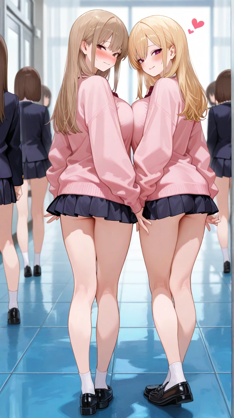 Texture CG, ((Ultra Detail Art)), ((master piece)), (extremely details CG),Multiple girls,3girls,harem,standing,nsfw, school gals ,school gyaru ,((((school unifrom))),skirt ,(((pleated mini skirt)))), white shirt, school bag, bag , beautiful legs,from behind,(from below:1.5), wind lift,((string panties),(white sexy panties)),long hair, blonde hair, brown hair, pink hair, silver hair, Curve, Beautiful detailed eyes , gleaming skin, bracelet, ,hair ornament, hairclip, jewelry, open mouth ,light smile, embarrassed:1.4,