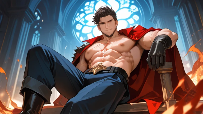 4k, anime illustration, ((mature male draph)), ((cowboy shot)), muscular devil (man), flat pecs, [big arms], big hard penis, (black spiky hair), (glaring silver eyes:1.2), elegant, erotic, oozing sexual energy, homoerotic, sharp focus, soft lighting, vibrant colors, (masterpiece), (detailed face), ((detailed eyes)), symmetric face, symmetric eyes, evil smile, Reinhardtzar, highly detailed penis, (big balls), silky penis, big fresh testicles, standing, Sexual arousal, Topless, bare shoulders, bare arms,