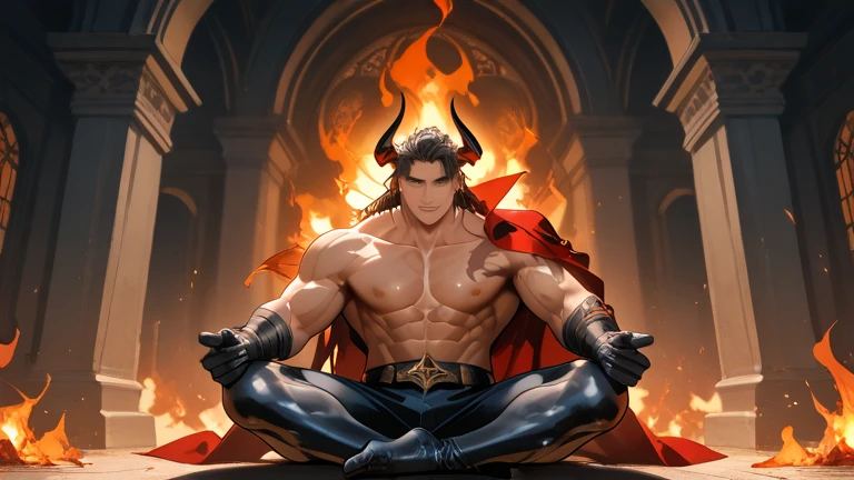 Relaxing on a fiery throne, the god of fire, a handsome man with black hair, exudes power with intense glowing red eyes and large pectorals. His pose is majestic, bathed in dramatic cinematic lighting, creating an atmosphere of divine authority. Large pectorals, open legs. Attractive male, sexy masculine, handsome male