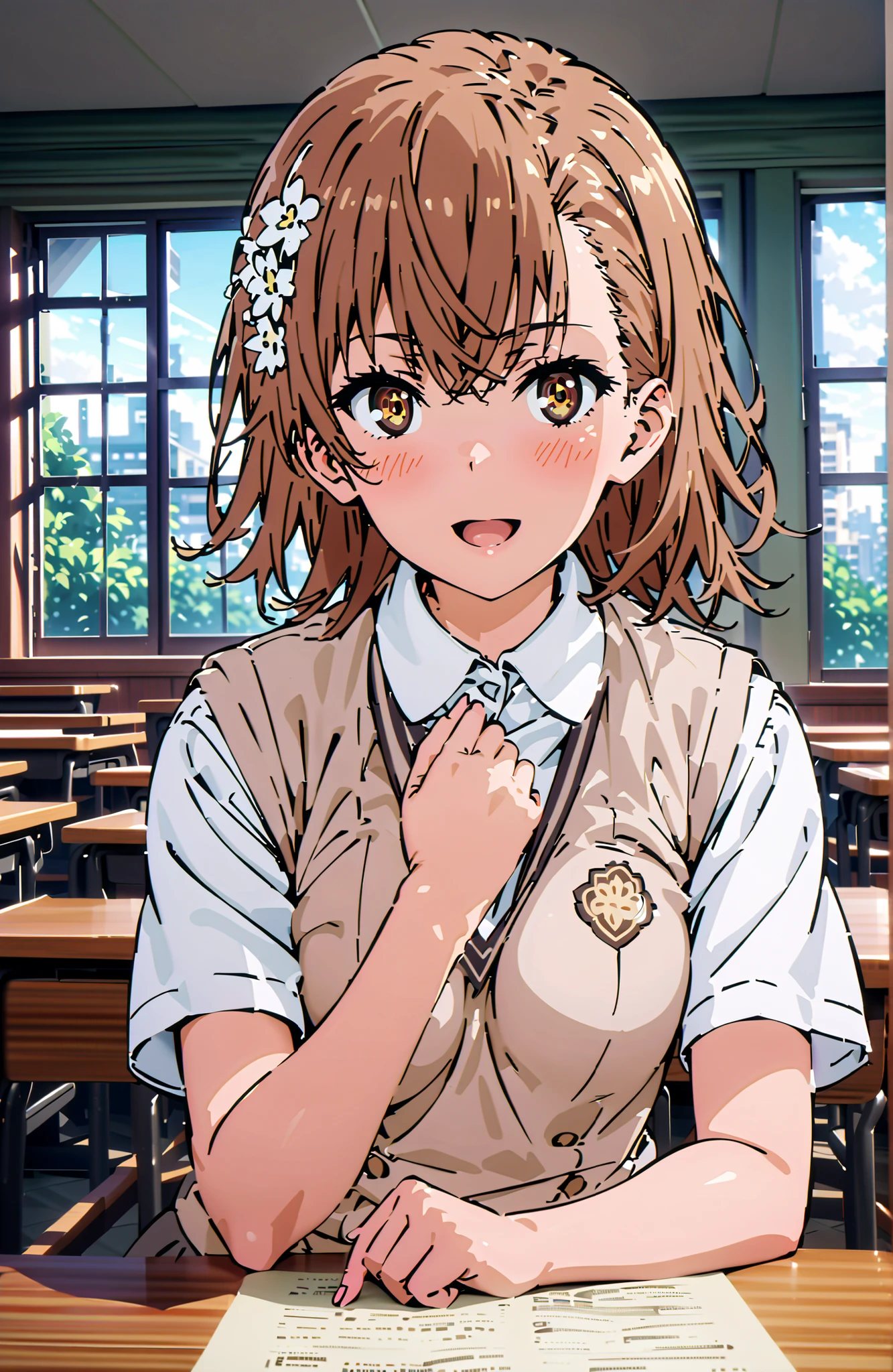 Misaka Mikoto , short hair, brown hair, hair ornament that grabs Narmaya's chest, hair flower, brown eyes in the bedroom,smile,blush,open your mouth,
skirt for ears, shirt, uniform, white shirt, Short Sleeves, pleated skirt for ears, grey skirt for ears, sweater vest, tokiwadai uniform,I'm holding a bouquet of flowers with both arms,, Flower blowing snow,curtains,window, Beautiful Streetscapes,standing,in their 40s indoors, Classroom,
in their 40s looking at viewer,full body,
in their 40s (masterpiece:1.2), Highest Quality, high resolution, Unity 8k 壁紙, (Illustrations:0.8), (beautiful detailed eyes:1.6), very detailed face, perfect lighting on the table, extremely detailed CG, (perfect hand, perfect anatomy),