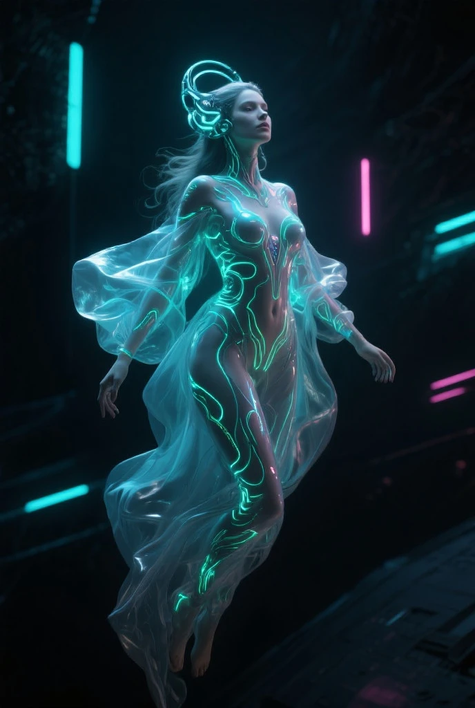 8K,RAW Photos,Highest quality,masterpiece,reality,Very detailed,Live Action,Very beautiful woman,Android,cyborg,cyber-,Fusion of machines and organisms,((whole body:1.8)),((Very detailedな電子機器)),((Skin that clearly shows the internal electronics)),Very thin connecting wire,Wet body,All transparent skin,Wet long messy hair,Advanced AI,neon,Small glowing LED light,future,Glowing Skin,A long dress made of light particles,Big eyes,Long eyelashes,Fantasy,movie,Angel,Elegant posing,35mm camera,f/1.8,barefoot,Eighth class,