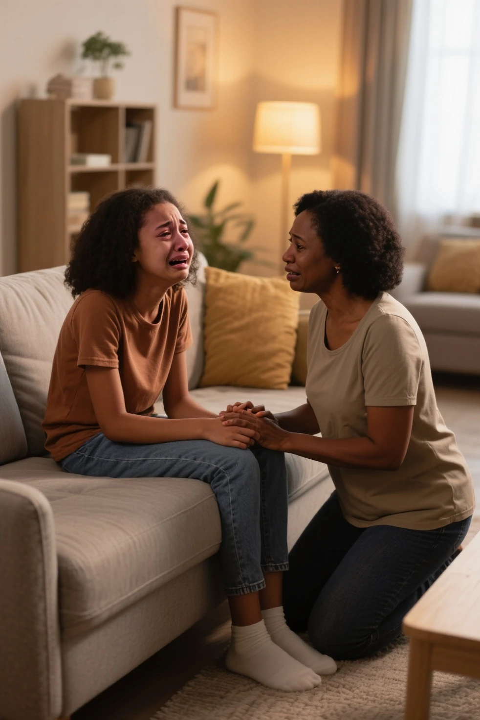 Create an image of a young black mother, talking to her crying daughter. Comforting her and inspiring her to be better.