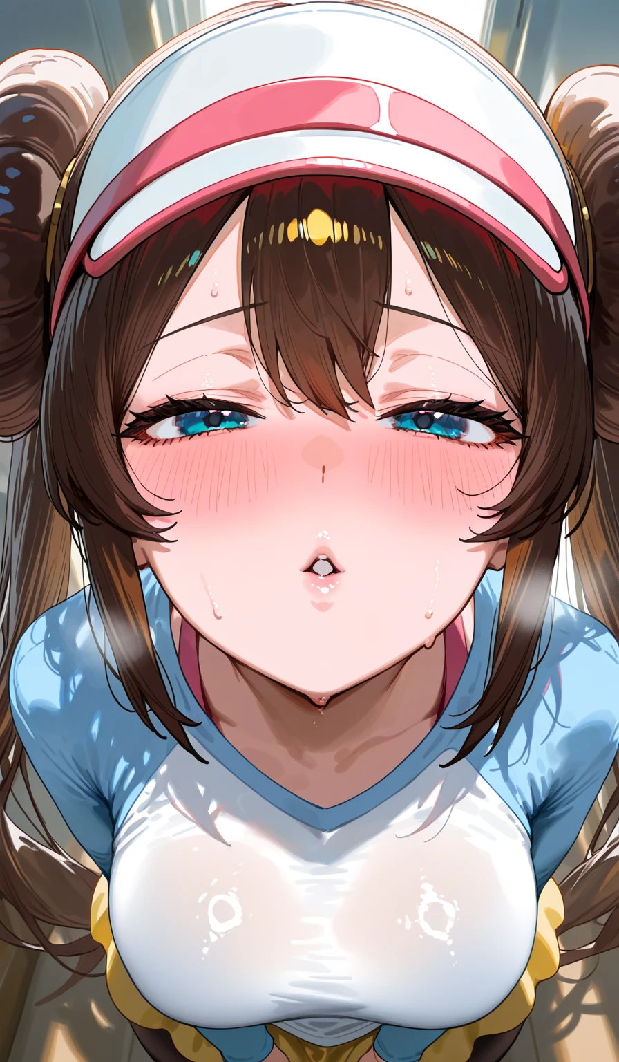 ((masterpiece,best quality)), high resolution, ultra detailed,8k,16k,detailed background, perfect lighting,detailed beautiful eyes, 1girl,solo,nsfw,embarrassed,blush,steam,breath,look at viewer,saliva trail,half-closed eyes,(happy smile:1.2),(oral,screaming,show mouth:1.3),ahegao,seductive eyes,face focus,from front,(from above:1.4),chin up,kneeling,be breathless,sweat,fisheye lens,stick tongue out,portrait,ro1, hair bun, blue eyes, twintails, visor cap,short stature,pale skin,small breast,house,(flat anime style),long hair,t-shirt,medium breast,skinny,,forest