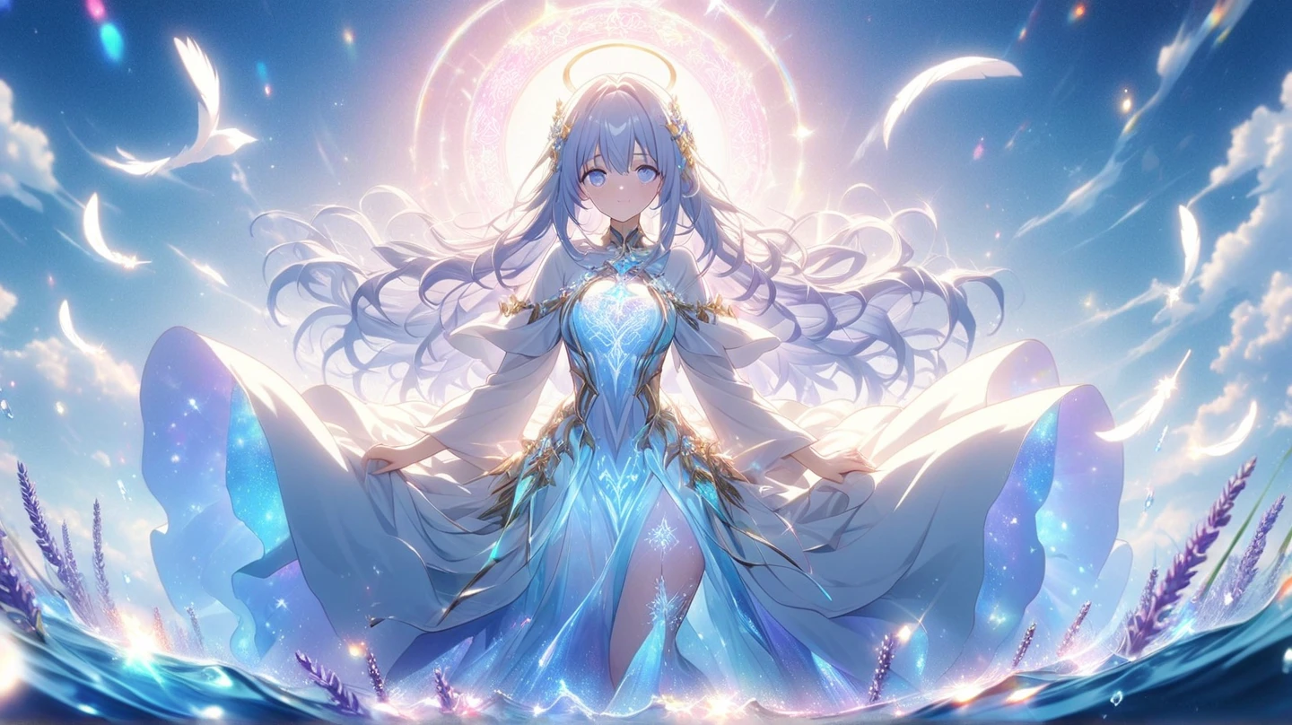 (((shylily))),(masterpiece), best quality, high resolution, 1 girl, 1 halo,mythical priestess,giant goddess, big_glowing_wings, golden_energy,long white dress, aura, light_particles:1.5, (heaven:1.5), ((Enlightenment, blessed)), , random_eye_color ,(wide-angle lens,Panoramic:1.2)