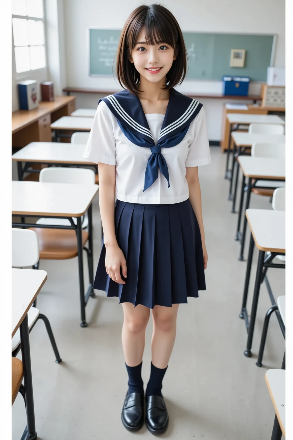 (masterpiece, top-quality:2.0), (超A high resolution), (Photorealsitic:1.4), foco nítido, (1girl in), (Smile at the person you like:1.5), finely eye, face perfect, Detailed skin, hi-school girl (((a sailor suit、Dark blue pleated skirt、Dark blue high socks、Loafer shoes)))、cute little、sixteen years old、extra detailed face、Perfect face,With bangs