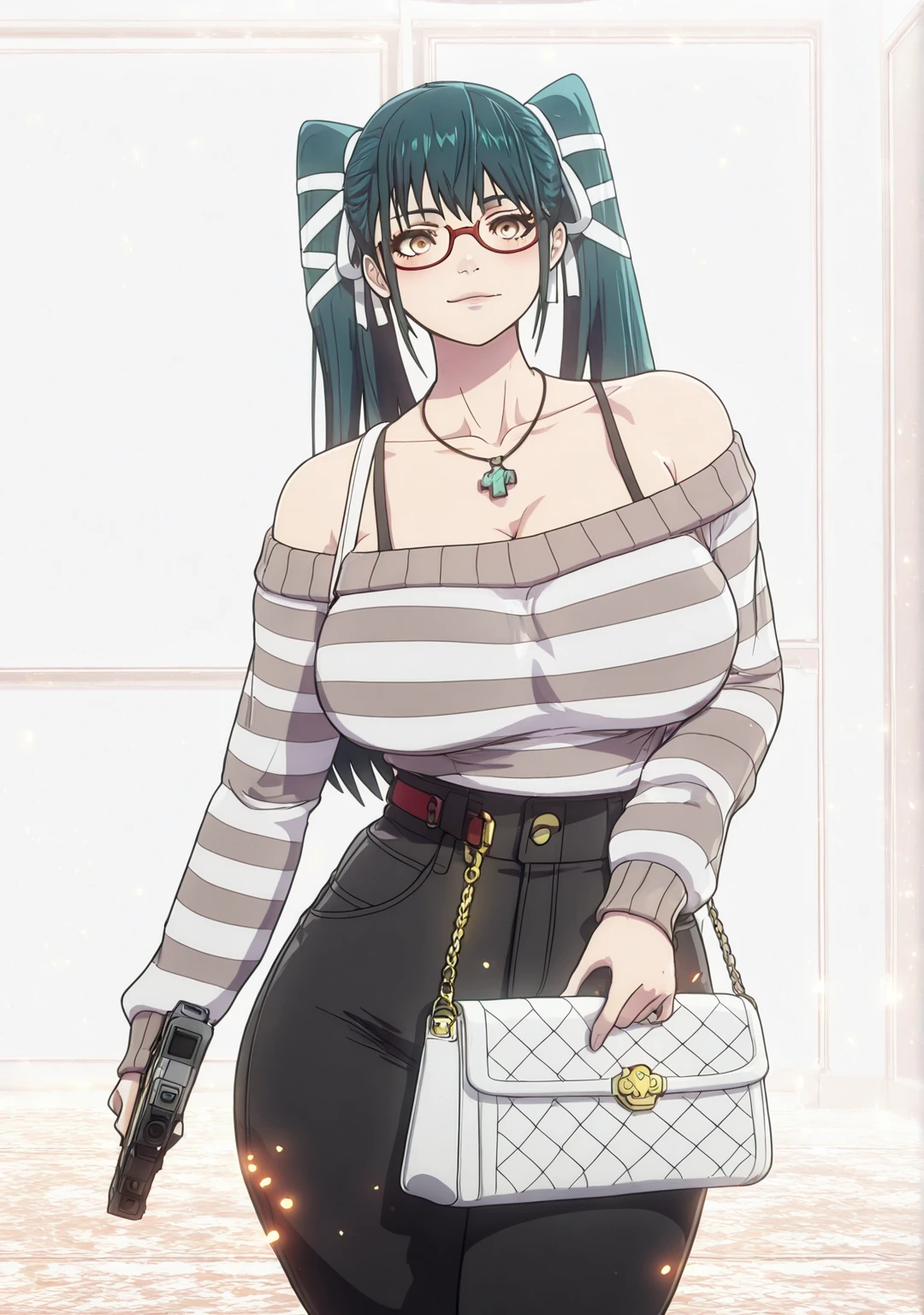 ggstduel, (minami_koyogi-style:1.4), (jam-orbital-style:0.8), ((anatomical correct)), ((embers)), ((Cinematic, unreal engine, eye-catching, ambient occlusion, UHD, masterpiece)), ((perfect lighting)), perfect body, perfect eyes, perfect fingers, gasping, heavy breathing, gasping profusely, ((skindentation)), ((curvy)), mato seihei no slave, azuma yachiho, long hair, bangs, black hair, bow, twintails, yellow eyes, hair bow, green hair, plump, 1girl, glasses, solo, breasts, jewelry, necklace, bare_shoulders, pants, looking_at_viewer, off_shoulder, high-waist_pants, striped_shirt, striped, sweater, handbag, blush, holding, collarbone, shirt, long_sleeves, indoors 