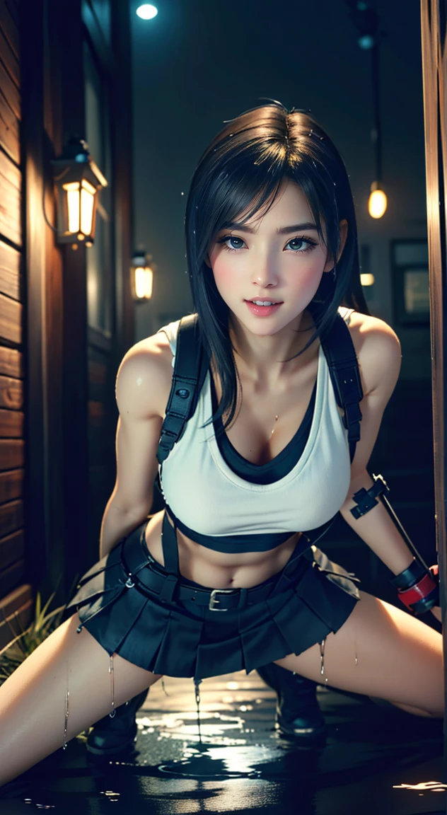 (8K、sthe highest qualit、Master peace、:1.2)、(Realistic、、、photot-REALISTIC,:1.37)、Ultra high-definition、 Final Fantasy VII Remake、tifa lockheart、(Elbow Pads、ankle boots、a black skirt、Black Sai Hai、red boots、Elbow Gloves、Elbow pads、FINGERLESS GLOVES、sports bra、suspender skirt、Thigh、white tank top、(Large Tits、20yo、Milf、)、