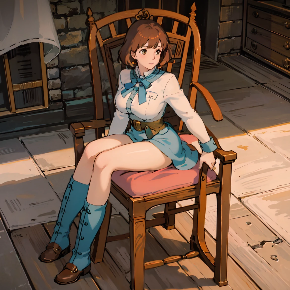 masterpiece, high quality, 1 girl,, (masterpiece:1.4), (best qual:1.4), (High resolution:1.4), 1 girl, redhead, brown eyes, Cumming face、Nausicaa, sit on a chair, No panties, high boot, colorful, whole body, ghibli style, software, spread your legs and masturbate,Expand your vagina、expression of ecstasy、show your chest、show your chest、expose the inside of the ??????,Exposing the crotch、Show the inside of the ?????? Ejaculate inside the vagina